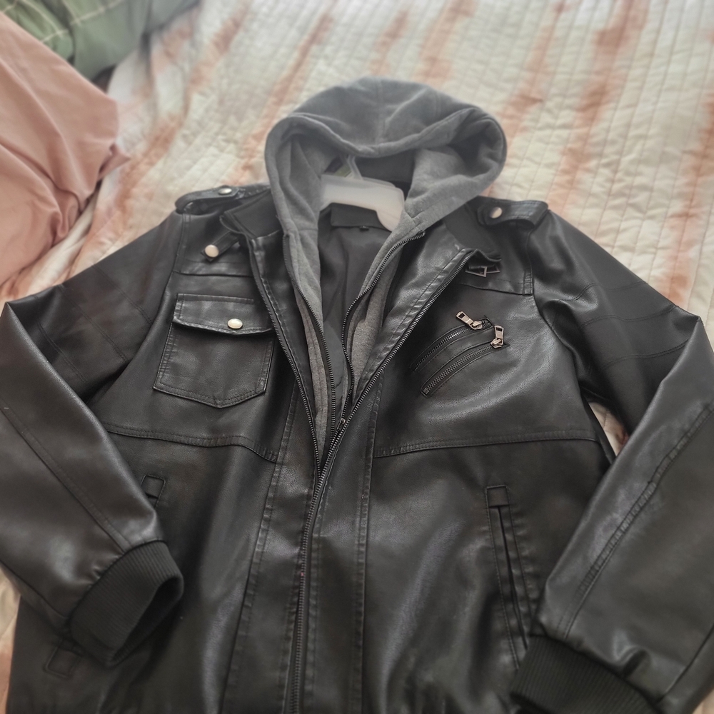 Men's Black Bomber Jacket with Removable Hood Size Large